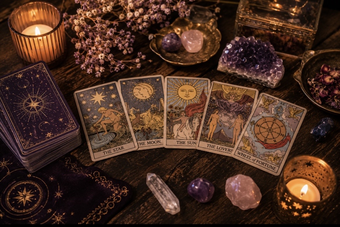 A Rider-Waite tarot spread showing The Star, The Moon, The Sun, The Lovers, and the Wheel of Fortune laid on dark wood with lit candles — the cards that appear most often in a love reading.