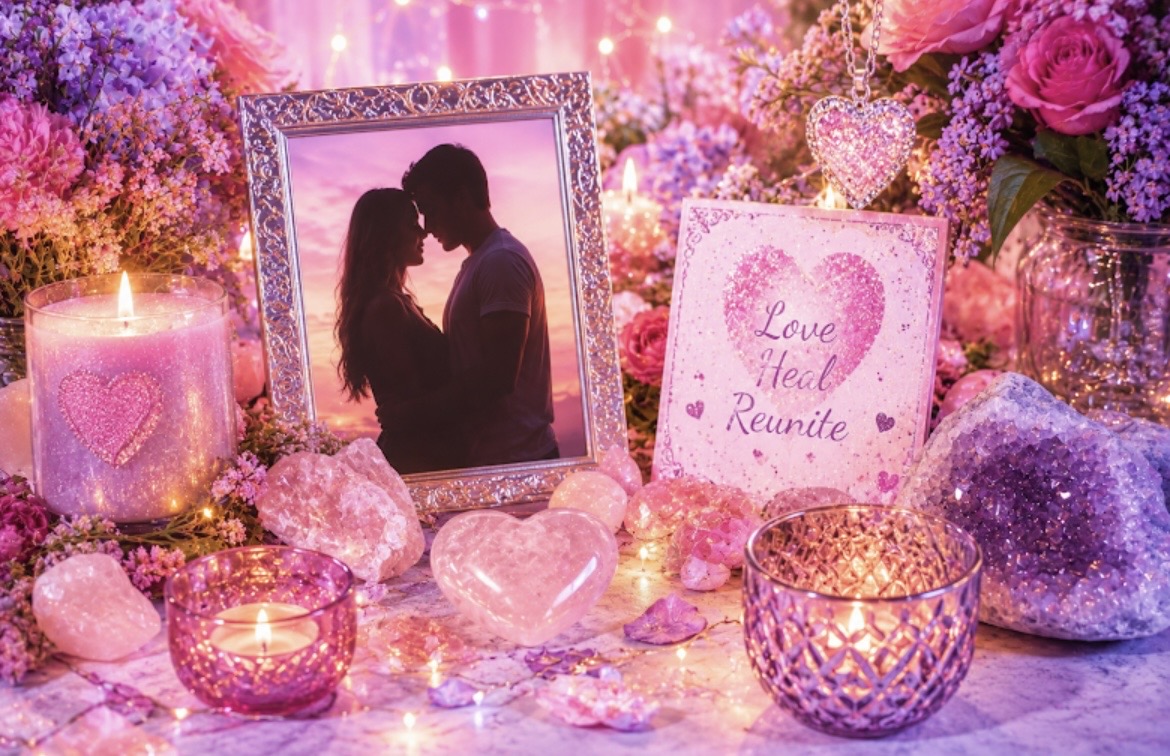 A soft-lit altar arrangement with rose quartz, candles, and a framed photograph of a couple — the quiet space where relationship readings begin.