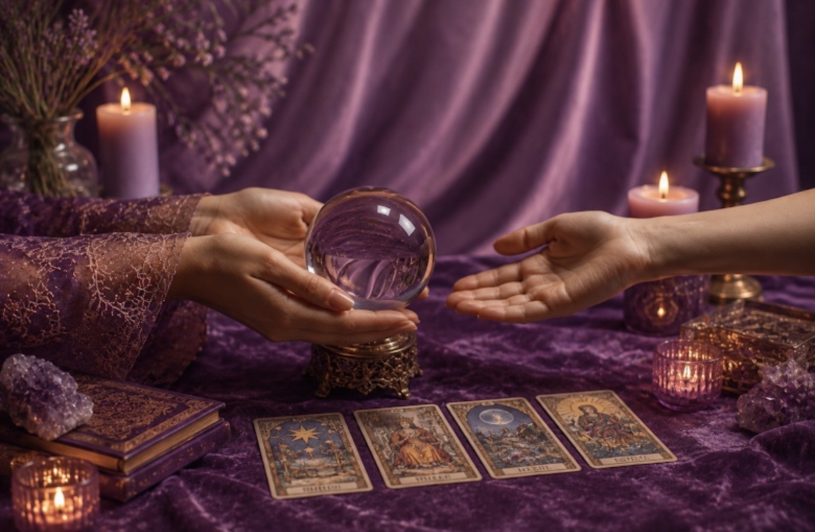 A private psychic reading table with a crystal ball, candles, and tarot cards laid on deep purple velvet — the quiet setting of a personal consultation.