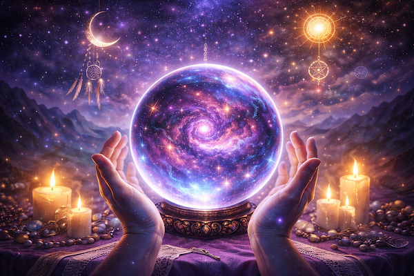 Hands cradling a crystal ball that holds a swirl of violet galaxy light, surrounded by lit candles and offerings — the quiet moment before a reading begins.