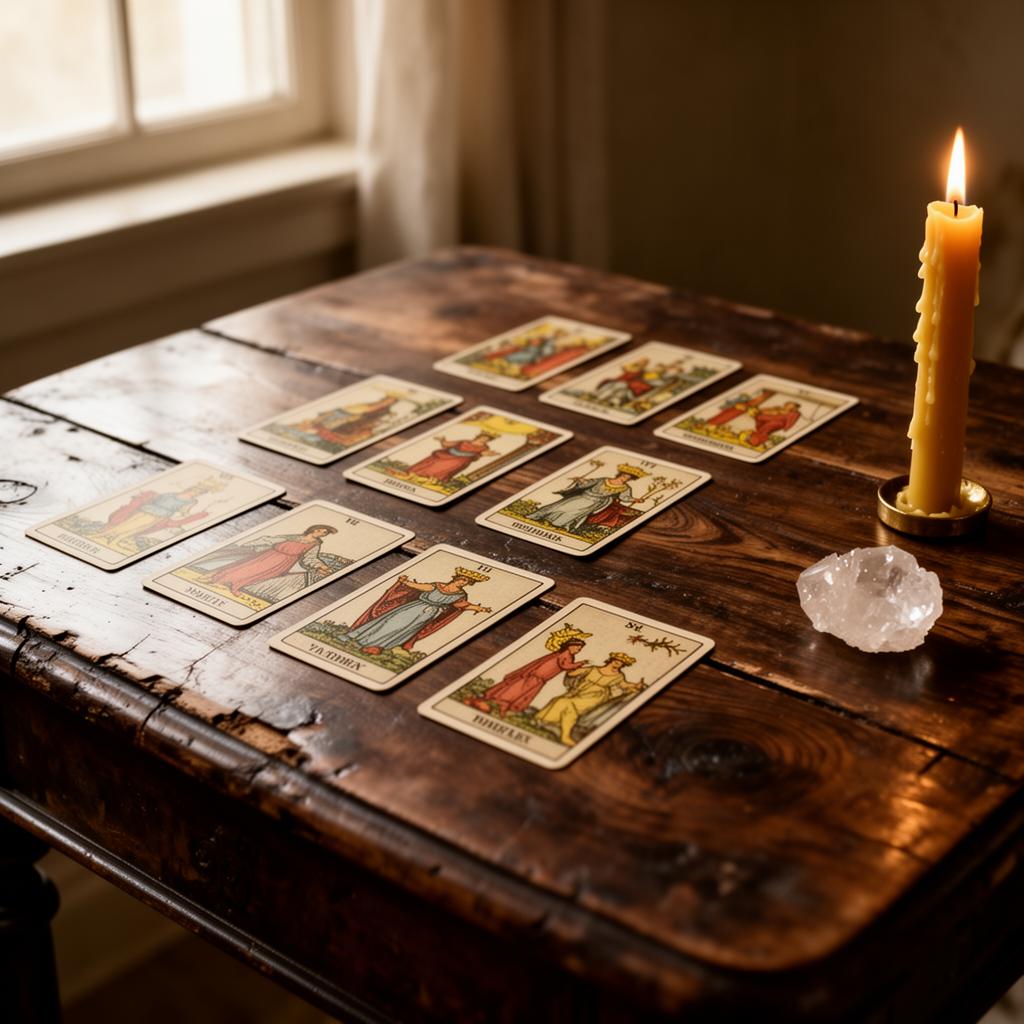 Tarot cards laid across an antique wood table beside a beeswax candle and quartz crystal