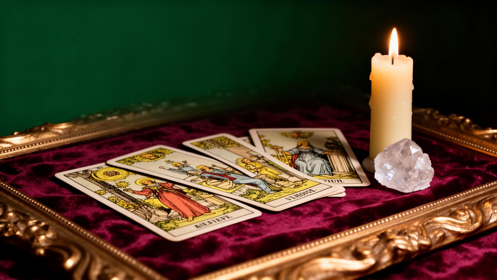 Three Rider-Waite tarot cards spread on burgundy velvet for a love reading — Emerald Coast Psychic